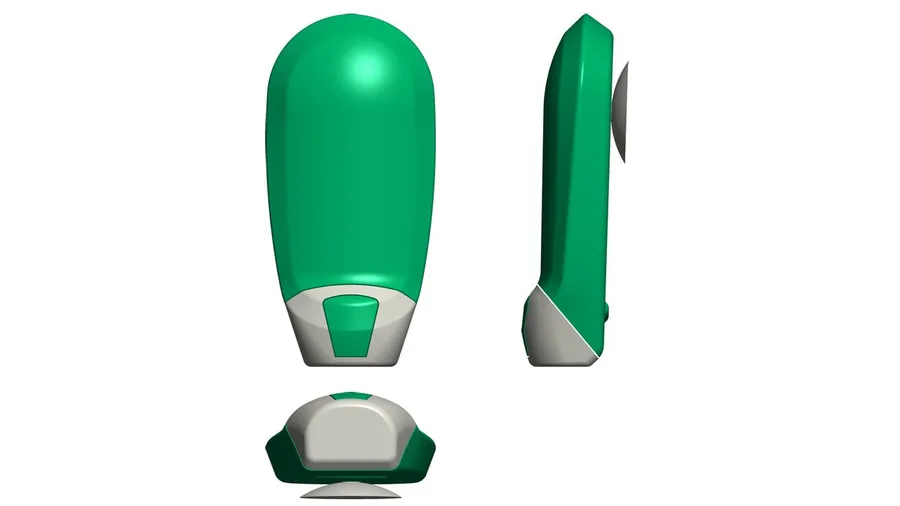 CAD drawing with three orthographic views of a handled bottle, showing its grip, side profile and base geometry.