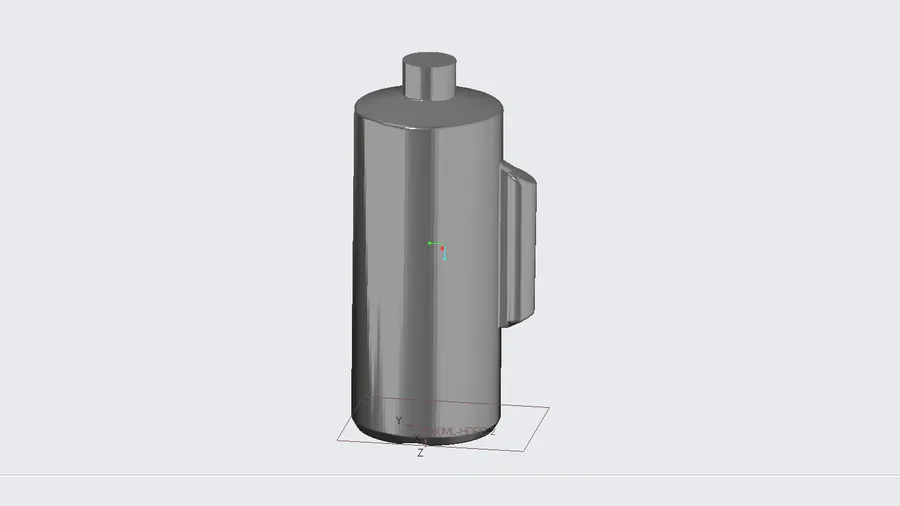 CAD render of a handled HDPE bottle modeled for blow molding, shown on screen as a neutral grey solid.