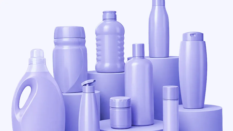 A family of FMCG bottles, jars and closures rendered as one coherent packaging range.