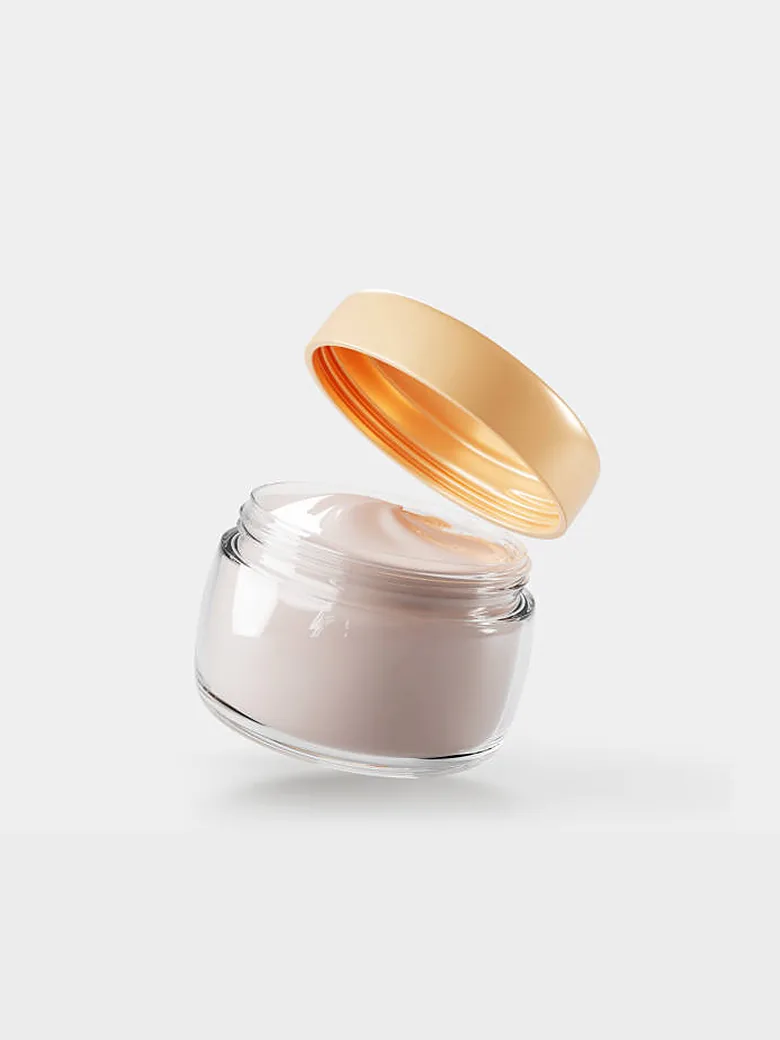 A cosmetic jar with its lid lifted away