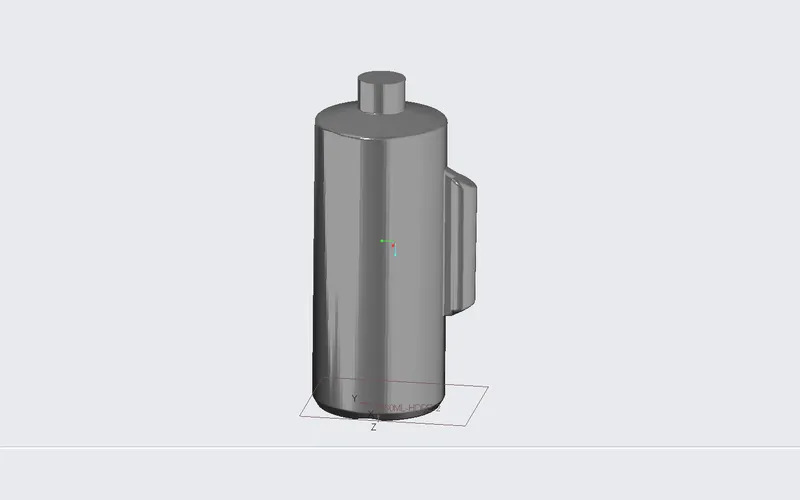 On-screen 3D model of a blow-molded plastic bottle with an integrated handle, rendered as a plain grey solid.