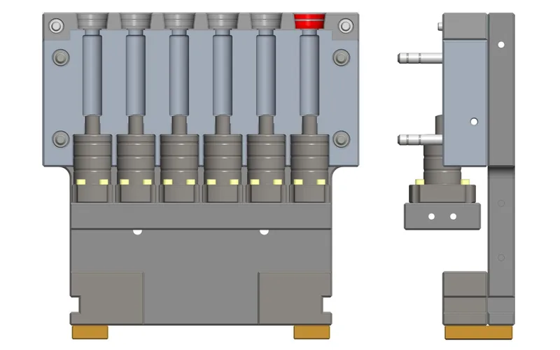 A CAD section through a multi-cavity mould assembly