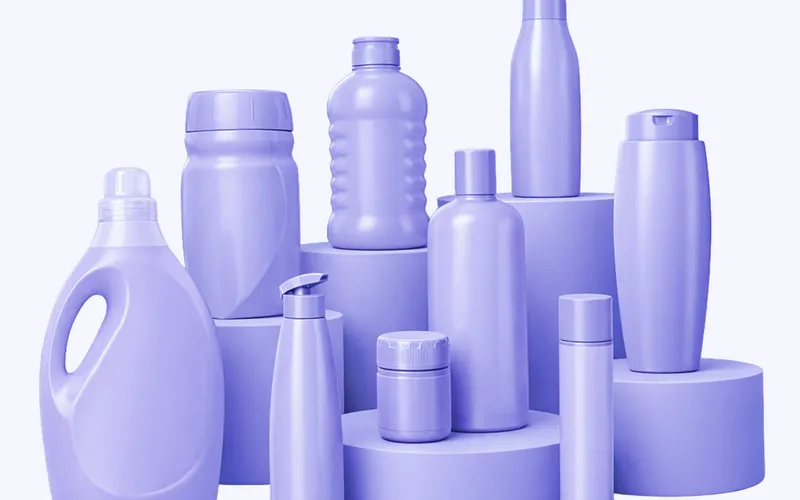 Rendered family of bottles, jars and closures developed together as a single packaging range.