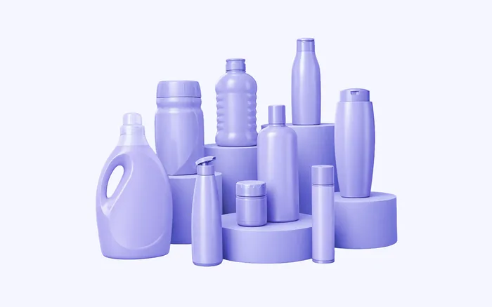 A rendered family of FMCG bottles, jars, closures and caps ready for tooling
