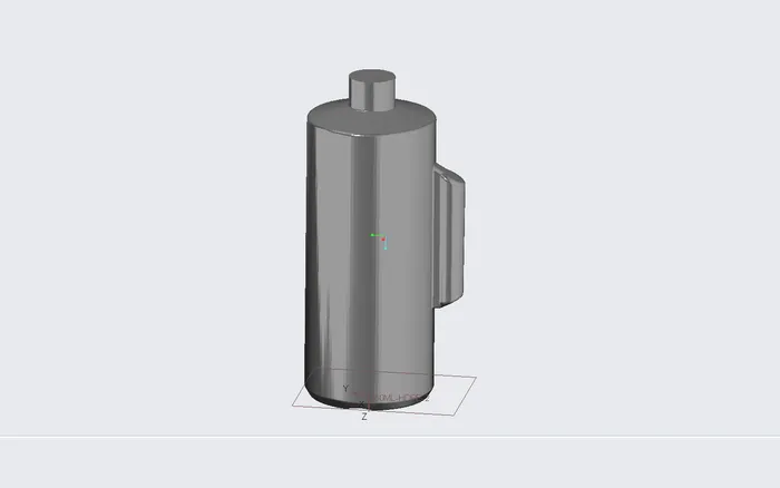 On-screen 3D model of a blow-molded plastic bottle with an integrated handle, rendered as a plain grey solid.